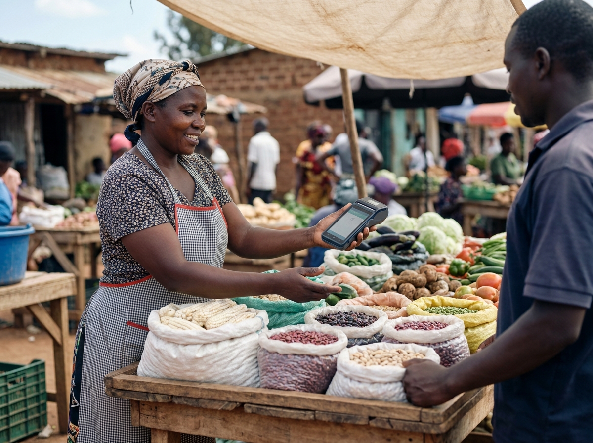 A rural agrodealer taking a payment on a mobile point-of-sale device at a produce stall.